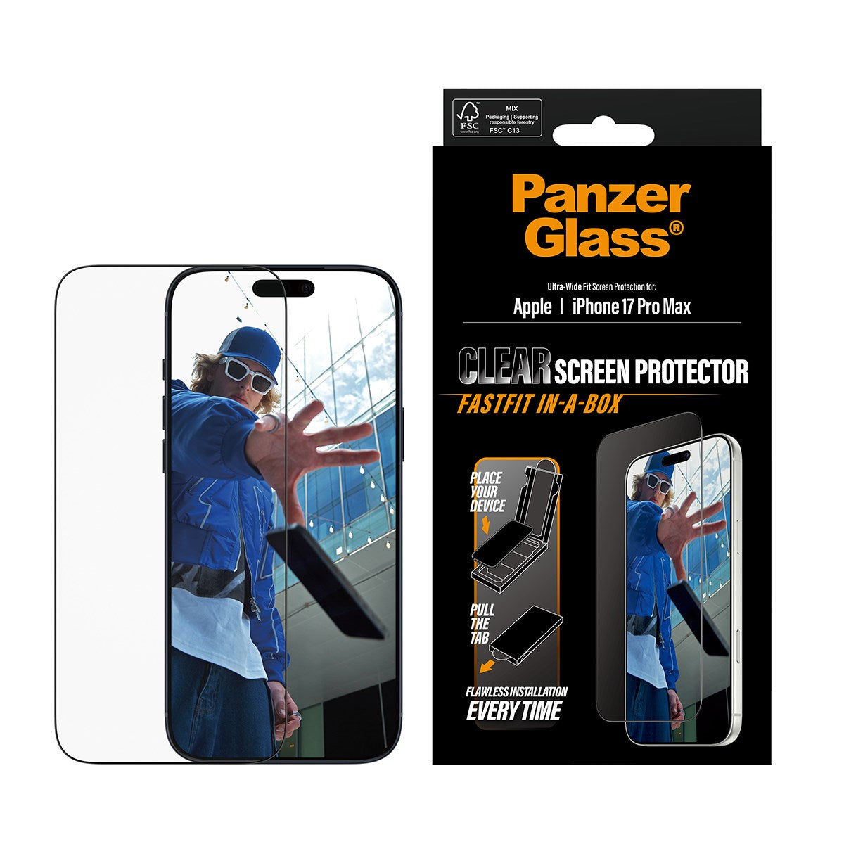 PanzerGlass® Screen Protector w. Black Frame iPhone 17 Pro Max | Ultra-Wide Fit w. FASTFIT IN-A-BOX